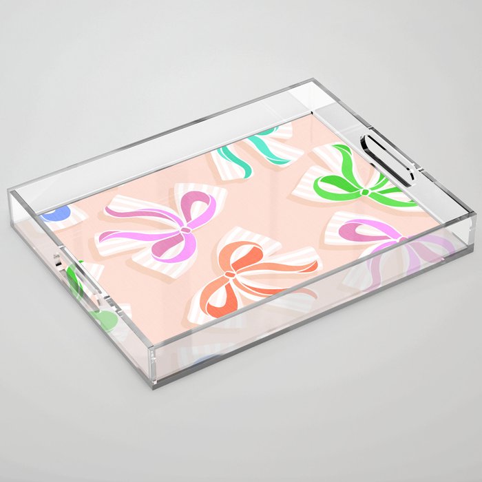Ditsy Kitsch Ribbons and bows 1. Pastel Rainbow colours on Peach Acrylic Tray Gallery Image 1