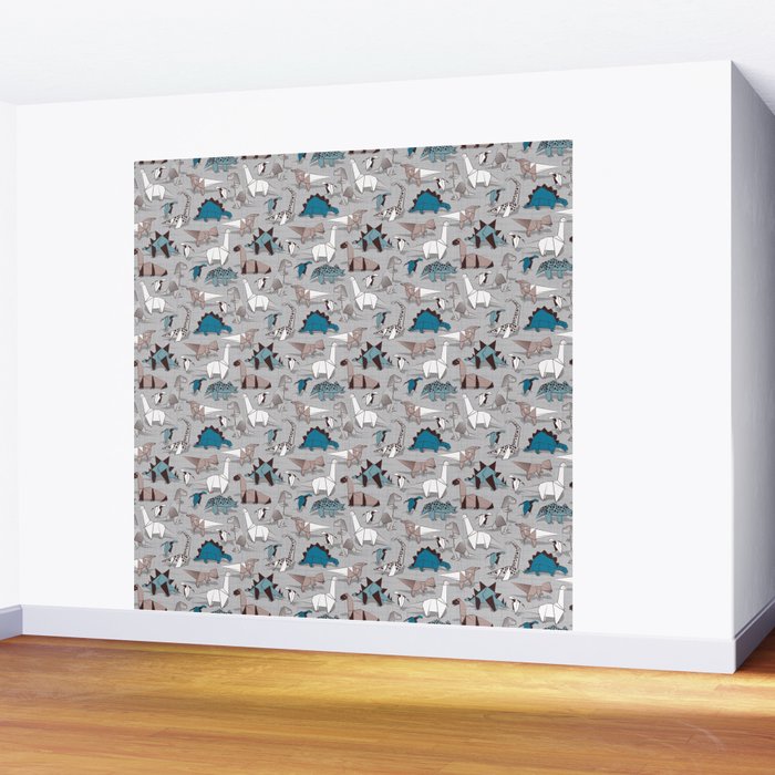 Origami dino friends // grey linen texture blue dinosaurs Wall Mural Gallery Image 2
