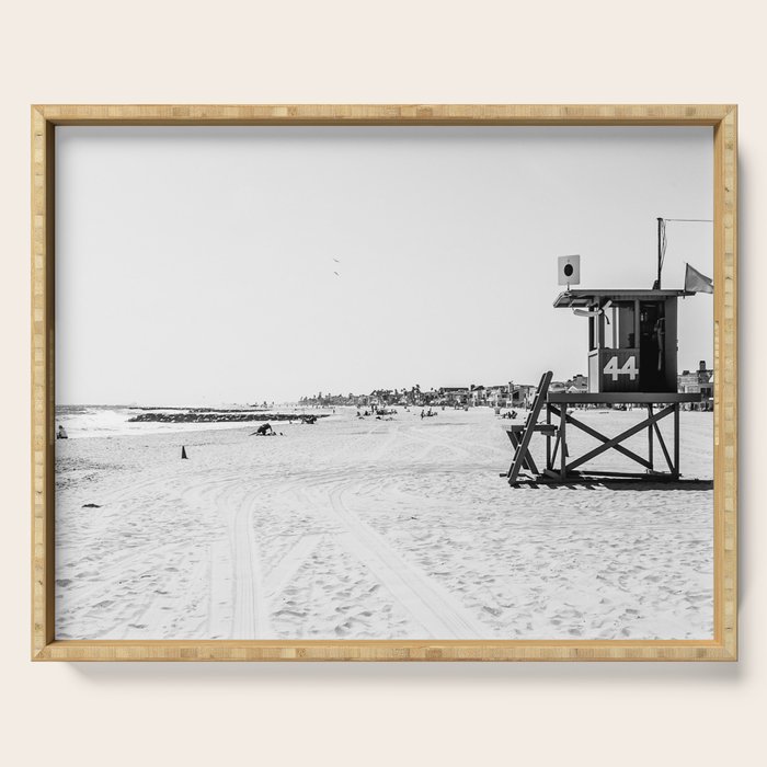 Newport Beach Lifeguard Tower Modern and Vintage Beach Aesthetic Photography of Grey Black White Sky Serving Tray Gallery Image 1