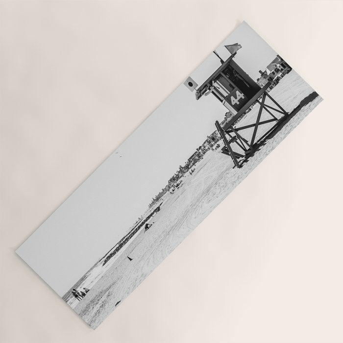 Newport Beach Lifeguard Tower Modern and Vintage Beach Aesthetic Photography of Grey Black White Sky Yoga Mat Gallery Image 1