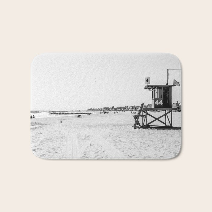 Newport Beach Lifeguard Tower Modern and Vintage Beach Aesthetic Photography of Grey Black White Sky Bath Mat Gallery Image 1