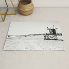 Newport Beach Lifeguard Tower Modern and Vintage Beach Aesthetic Photography of Grey Black White Sky Rug Gallery Image 1