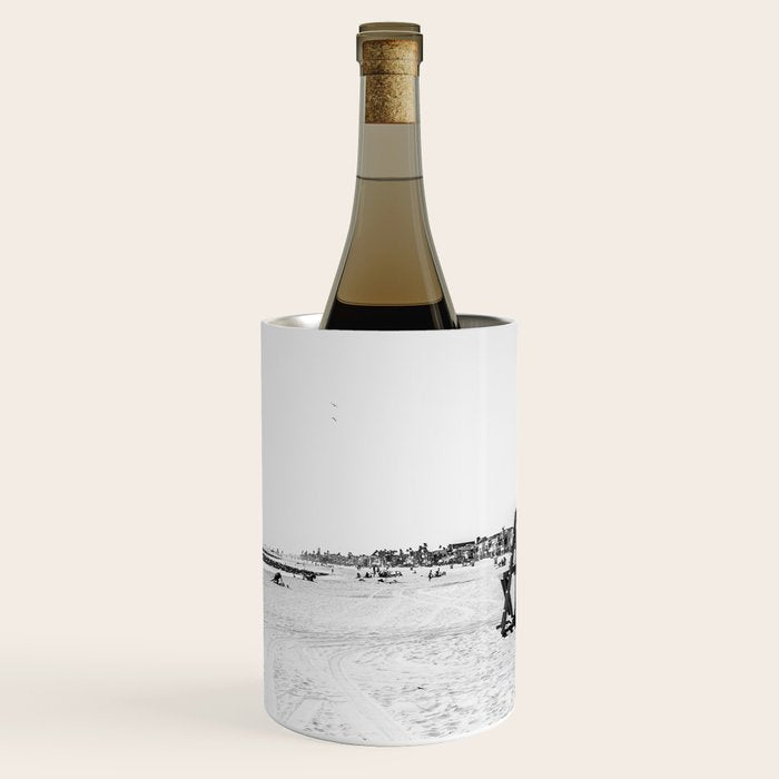 Newport Beach Lifeguard Tower Modern and Vintage Beach Aesthetic Photography of Grey Black White Sky Wine Chiller Gallery Image 1