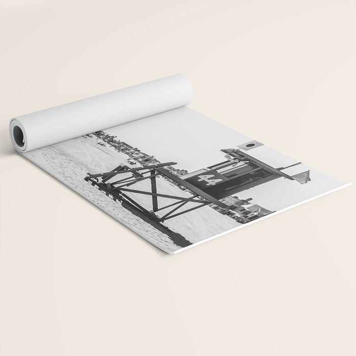Newport Beach Lifeguard Tower Modern and Vintage Beach Aesthetic Photography of Grey Black White Sky Yoga Mat Gallery Image 2