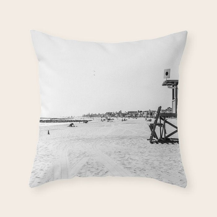 Newport Beach Lifeguard Tower Modern and Vintage Beach Aesthetic Photography of Grey Black White Sky Throw Pillow Gallery Image 6