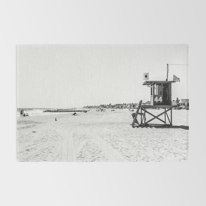 Newport Beach Lifeguard Tower Modern and Vintage Beach Aesthetic Photography of Grey Black White Sky Rug Gallery Image 2