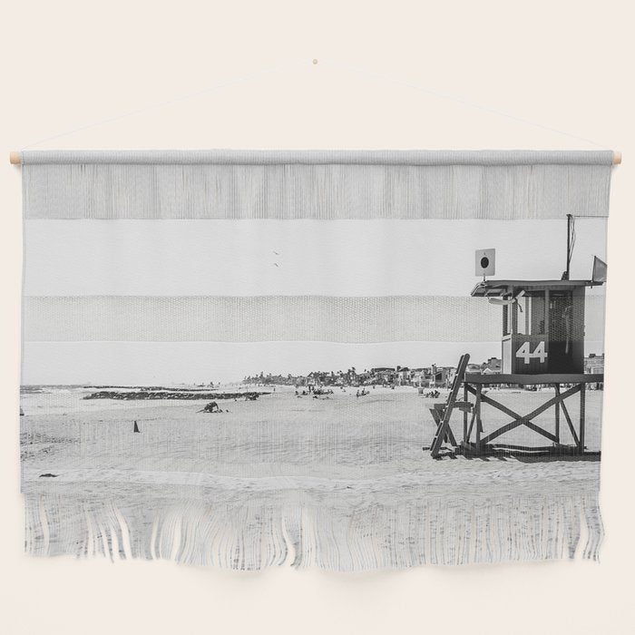 Newport Beach Lifeguard Tower Modern and Vintage Beach Aesthetic Photography of Grey Black White Sky Wall Hanging Gallery Image 1