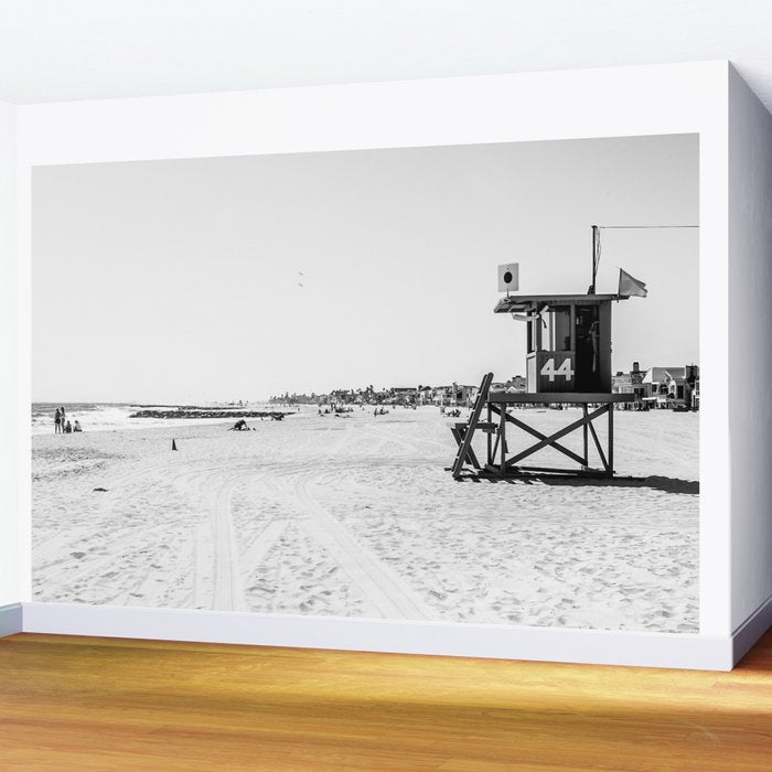 Newport Beach Lifeguard Tower Modern and Vintage Beach Aesthetic Photography of Grey Black White Sky Wall Mural Gallery Image 2