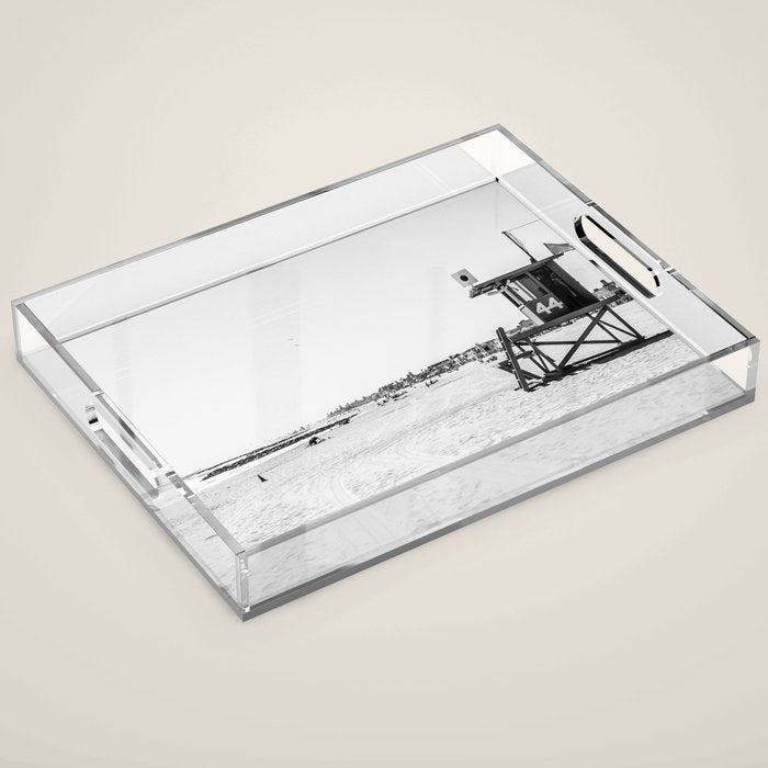 Newport Beach Lifeguard Tower Modern and Vintage Beach Aesthetic Photography of Grey Black White Sky Acrylic Tray Gallery Image 1