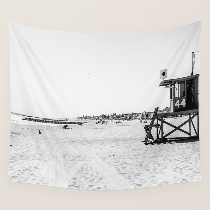 Newport Beach Lifeguard Tower Modern and Vintage Beach Aesthetic Photography of Grey Black White Sky Wall Tapestry Gallery Image 1