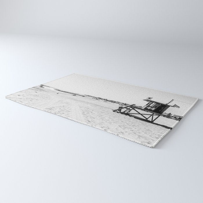 Newport Beach Lifeguard Tower Modern and Vintage Beach Aesthetic Photography of Grey Black White Sky Rug Gallery Image 3