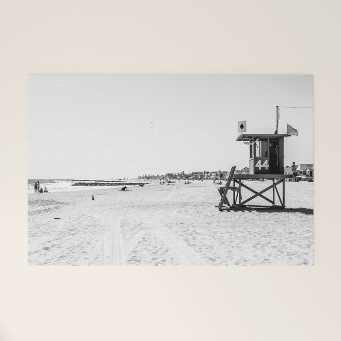 Newport Beach Lifeguard Tower Modern and Vintage Beach Aesthetic Photography of Grey Black White Sky Welcome Mat Gallery Image 1