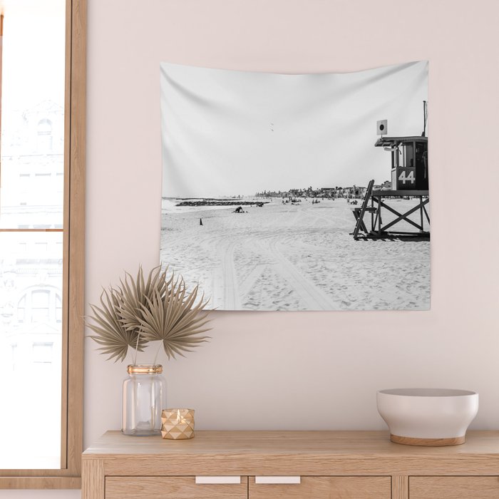 Newport Beach Lifeguard Tower Modern and Vintage Beach Aesthetic Photography of Grey Black White Sky Wall Tapestry Gallery Image 2