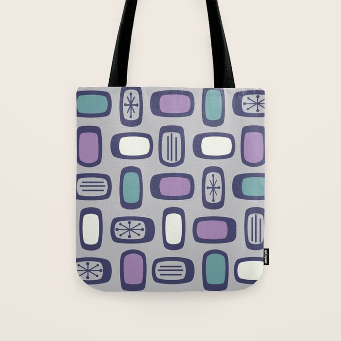 Midcentury MCM Rounded Rectangles Gray Purple Tote Bag Gallery Image 1
