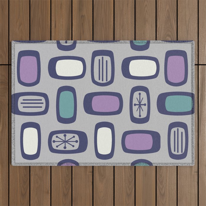 Midcentury MCM Rounded Rectangles Gray Purple Outdoor Rug Gallery Image 1