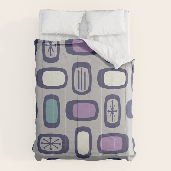 Midcentury MCM Rounded Rectangles Gray Purple Comforter Gallery Image 1