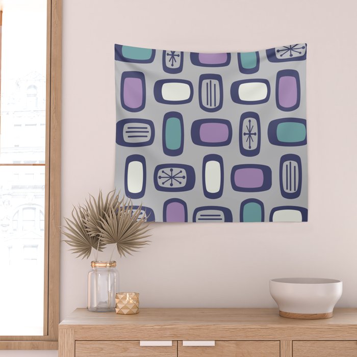 Midcentury MCM Rounded Rectangles Gray Purple Wall Tapestry Gallery Image 2