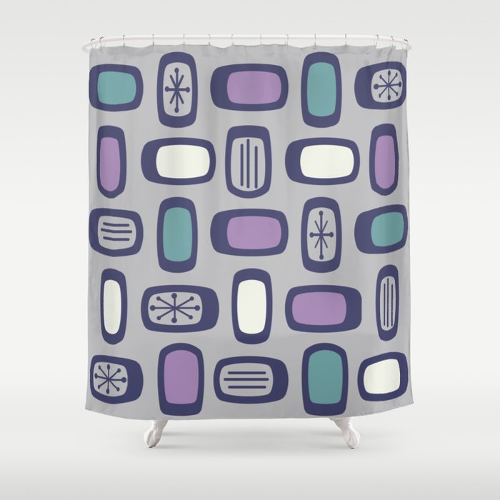 Midcentury MCM Rounded Rectangles Gray Purple Shower Curtain Gallery Image 1