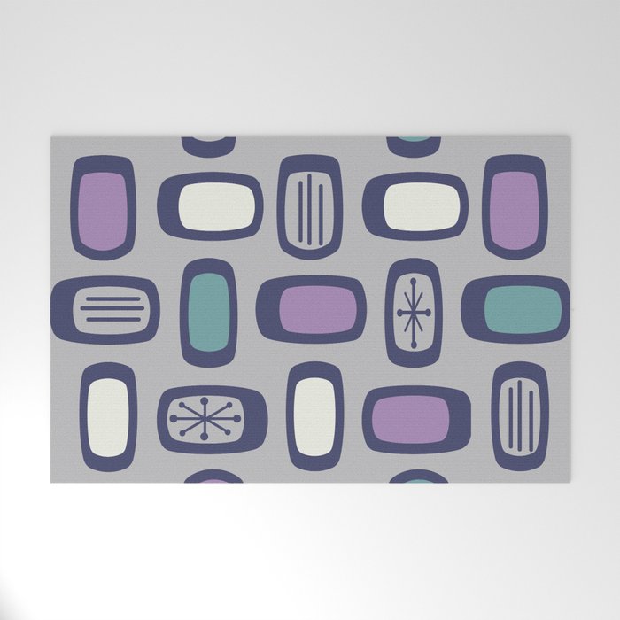 Midcentury MCM Rounded Rectangles Gray Purple Welcome Mat Gallery Image 1