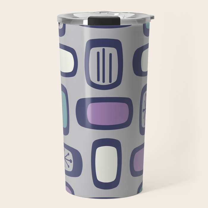 Midcentury MCM Rounded Rectangles Gray Purple Travel Mug Gallery Image 1