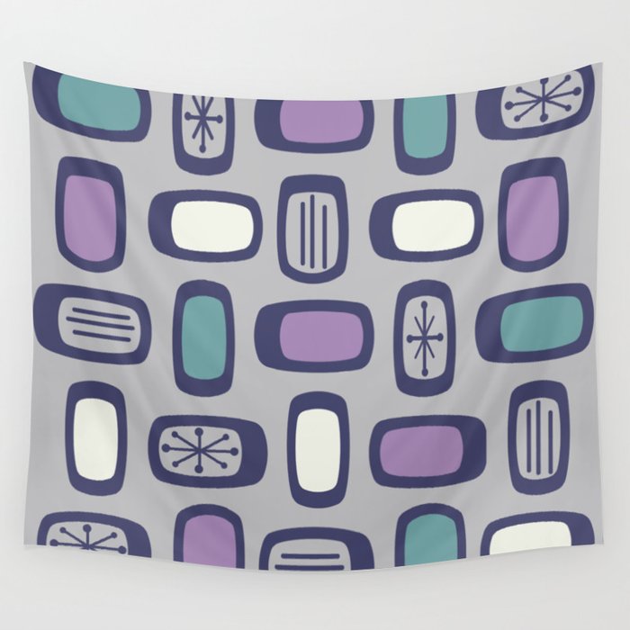 Midcentury MCM Rounded Rectangles Gray Purple Wall Tapestry Gallery Image 4