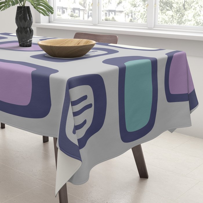 Midcentury MCM Rounded Rectangles Gray Purple Tablecloth Gallery Image 3