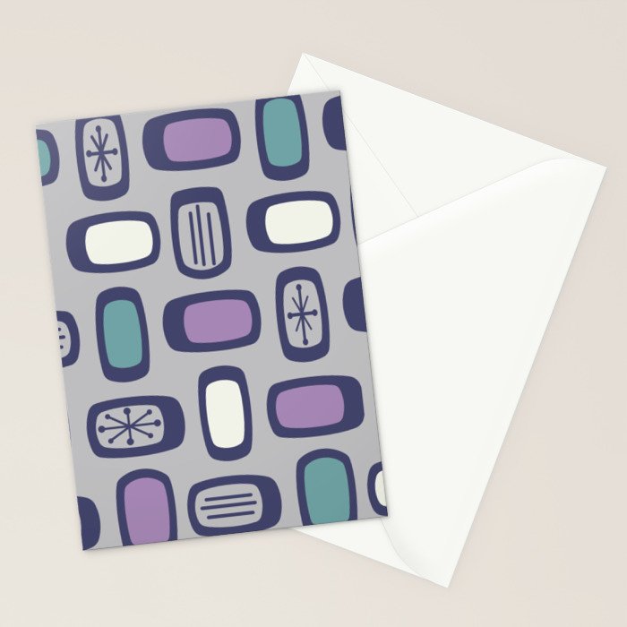 Midcentury MCM Rounded Rectangles Gray Purple Stationery Card Gallery Image 2