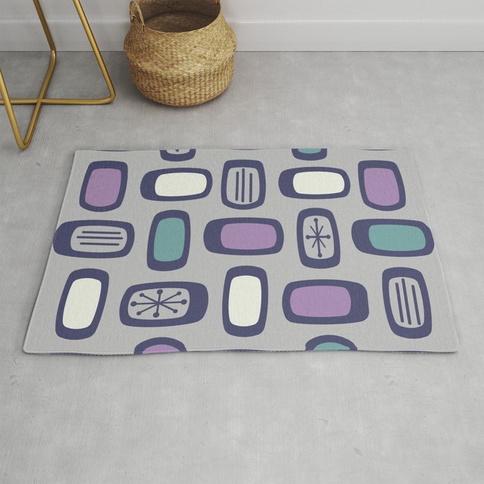 Midcentury MCM Rounded Rectangles Gray Purple Rug Gallery Image 1
