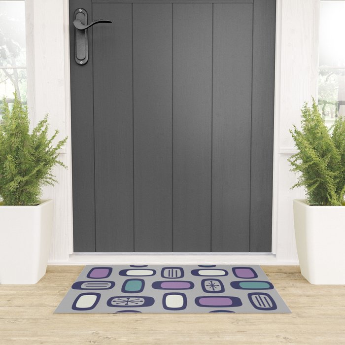 Midcentury MCM Rounded Rectangles Gray Purple Welcome Mat Gallery Image 3