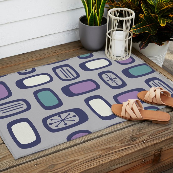 Midcentury MCM Rounded Rectangles Gray Purple Outdoor Rug Gallery Image 2