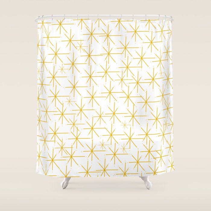 Stella - Atomic Age Midcentury Modern Minimalist Pattern in Light Mustard Yellow and White Shower Curtain Gallery Image 1
