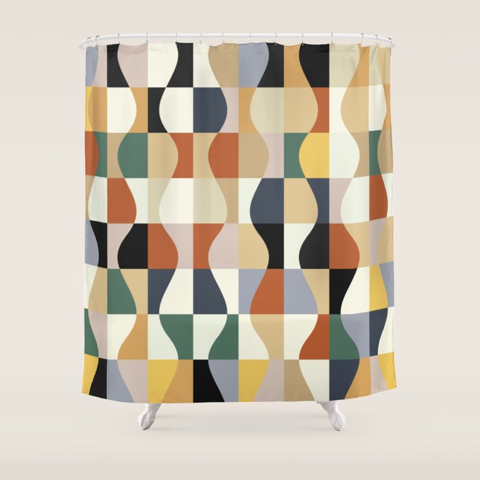 Retro Neutral Wavy Checker Shower Curtain Gallery Image 1