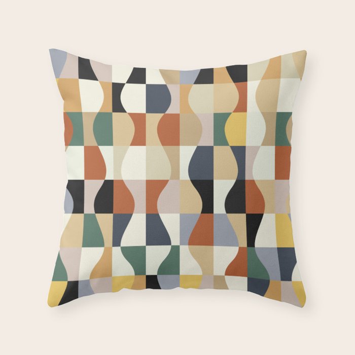 Retro Neutral Wavy Checker Throw Pillow Gallery Image 6