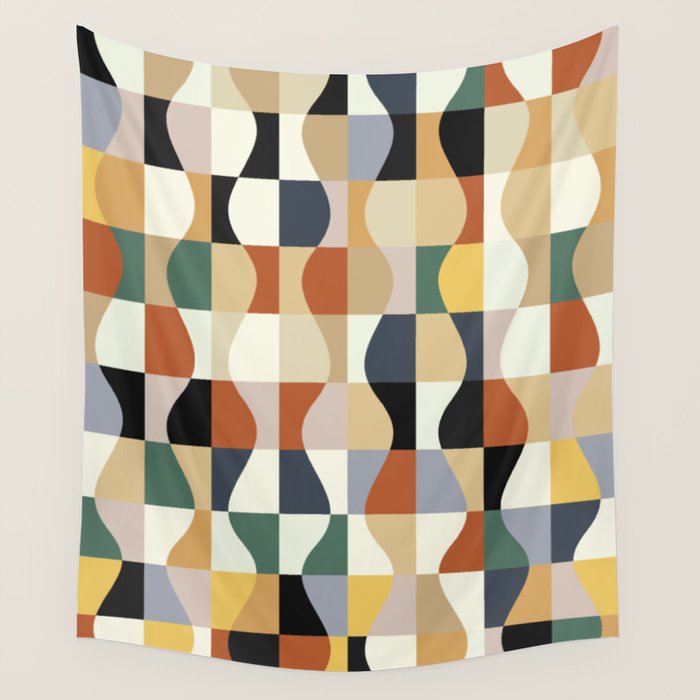 Retro Neutral Wavy Checker Wall Tapestry Gallery Image 4