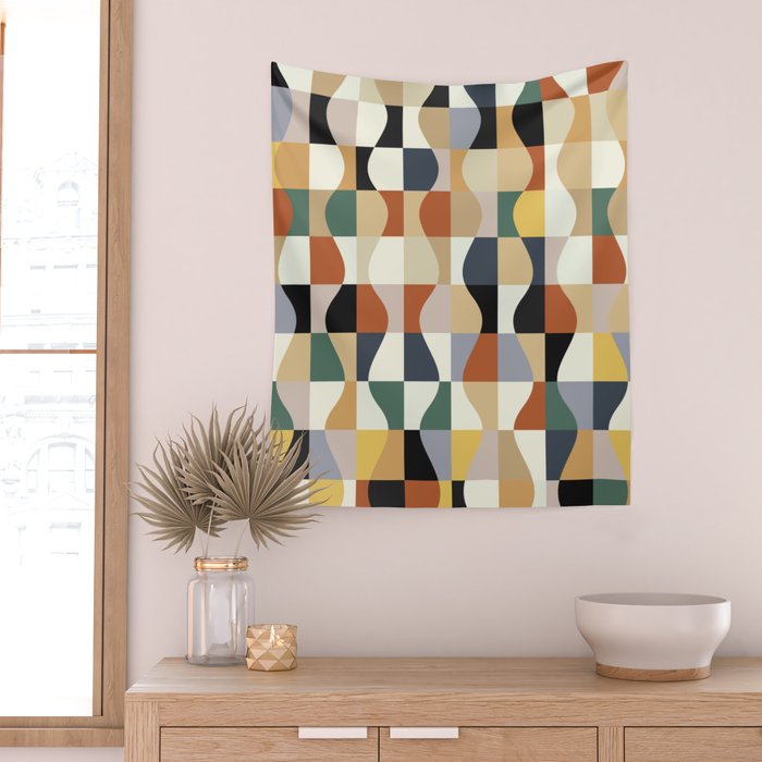 Retro Neutral Wavy Checker Wall Tapestry Gallery Image 2