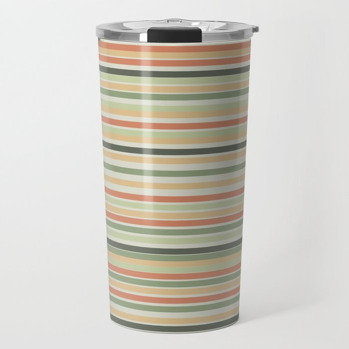 Fine Stripes Pattern in Sage Green and Coral Clay Travel Mug Gallery Image 1