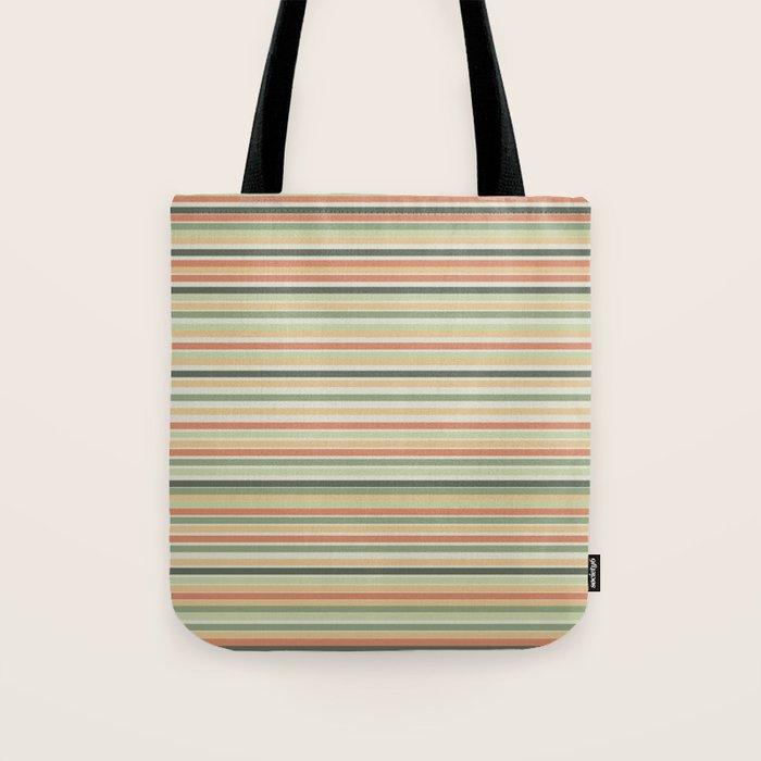 Fine Stripes Pattern in Sage Green and Coral Clay Tote Bag Gallery Image 1