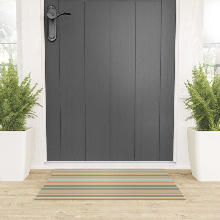 Fine Stripes Pattern in Sage Green and Coral Clay Welcome Mat Gallery Image 3
