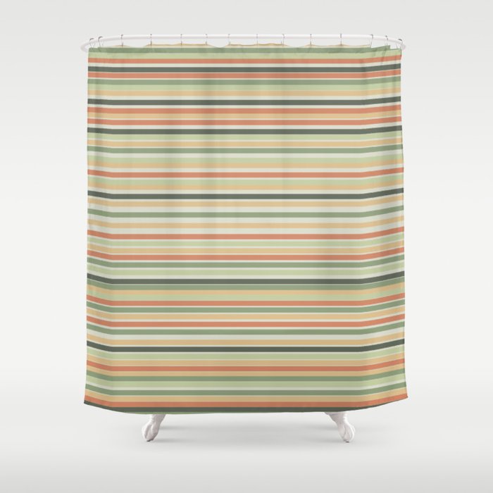 Fine Stripes Pattern in Sage Green and Coral Clay Shower Curtain Gallery Image 1
