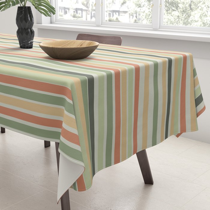 Fine Stripes Pattern in Sage Green and Coral Clay Tablecloth Gallery Image 3