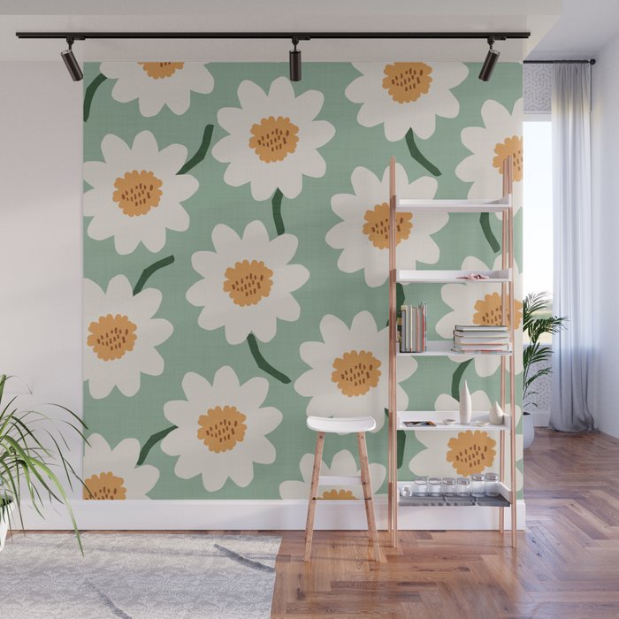 Flower field - mint & orange Wall Mural Gallery Image 1