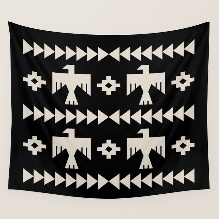 Southwestern Eagle and Arrow Pattern 121 Black and Linen White Wall Tapestry Gallery Image 1
