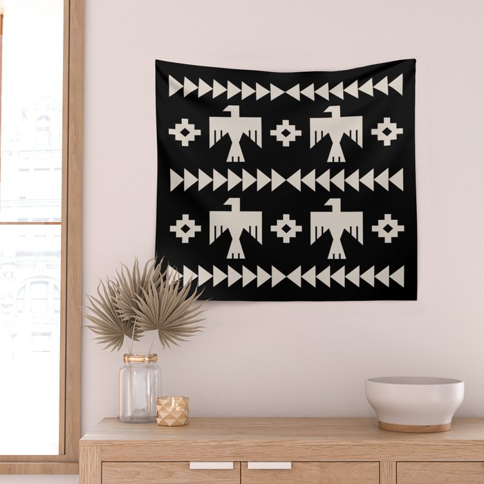 Southwestern Eagle and Arrow Pattern 121 Black and Linen White Wall Tapestry Gallery Image 2