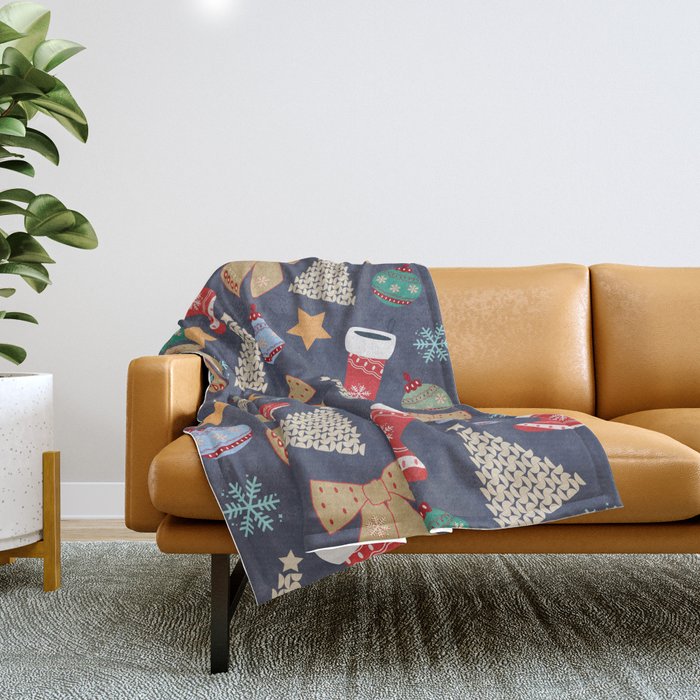 Cute Christmas Navy Blue Throw Blanket Gallery Image 1