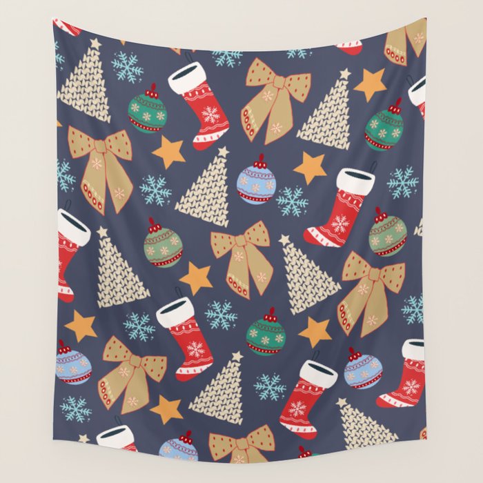 Cute Christmas Navy Blue Wall Tapestry Gallery Image 1