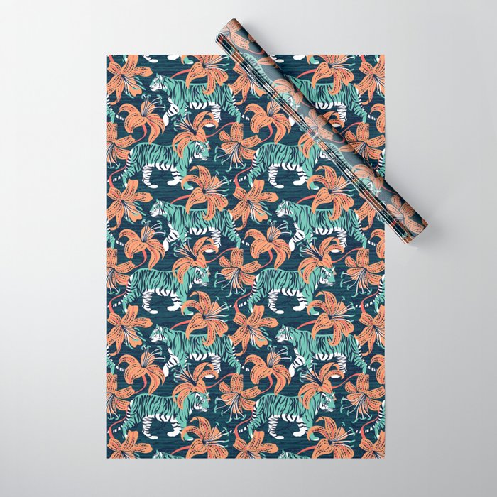 Tigers in a tiger lily garden // textured navy blue background spearmint green wild animals papaya orange flowers Wrapping Paper Gallery Image 1