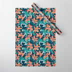 Tigers in a tiger lily garden // textured navy blue background spearmint green wild animals papaya orange flowers Wrapping Paper Gallery Image 1