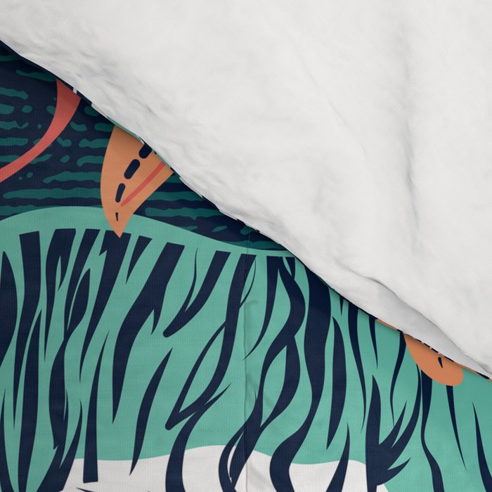 Tigers in a tiger lily garden // textured navy blue background spearmint green wild animals papaya orange flowers Comforter Gallery Image 4