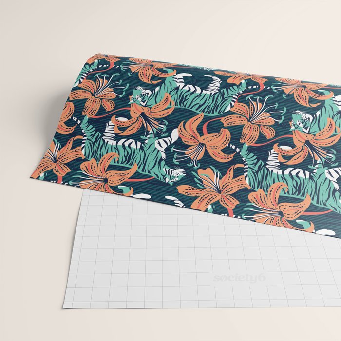 Tigers in a tiger lily garden // textured navy blue background spearmint green wild animals papaya orange flowers Wrapping Paper Gallery Image 2