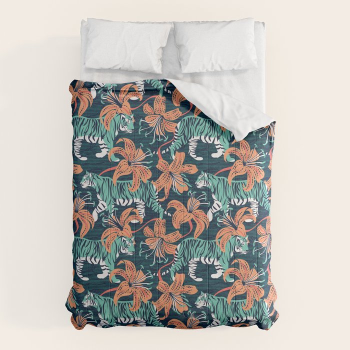 Tigers in a tiger lily garden // textured navy blue background spearmint green wild animals papaya orange flowers Comforter Gallery Image 1